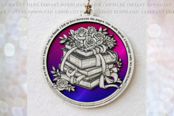 Book Stack Roses Suncatcher SVG for Laser Engraving