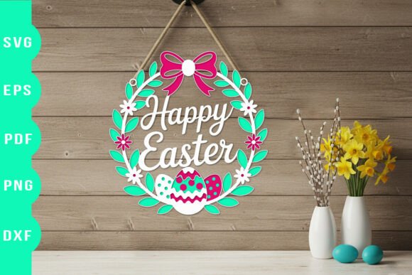Happy Easter Floral Wreath SVG Cut File for Laser Cutting and Spring Amp Projects