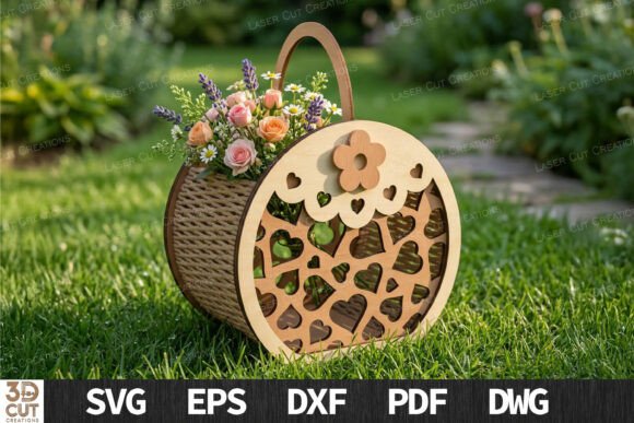 Heart Flower Basket SVG File for Laser Cutting and Boxes