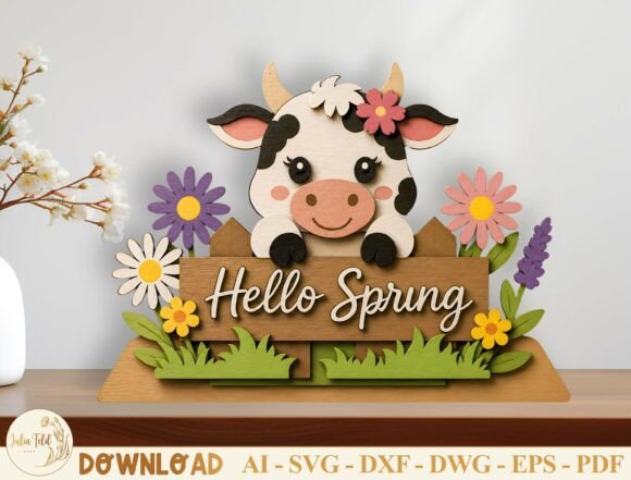 Hello Spring Cow Laser Cut File SVG for Spring Amp Projects