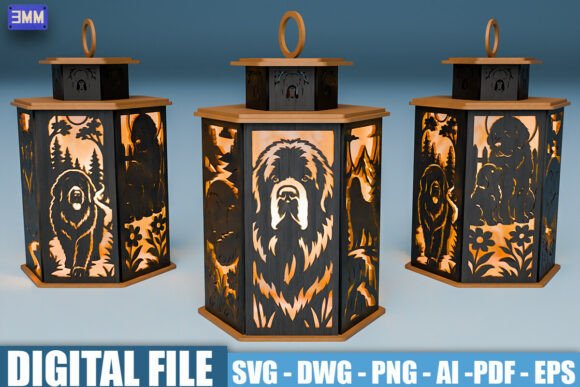 Newfoundland Dog Lantern SVG for Laser Cutting Stands