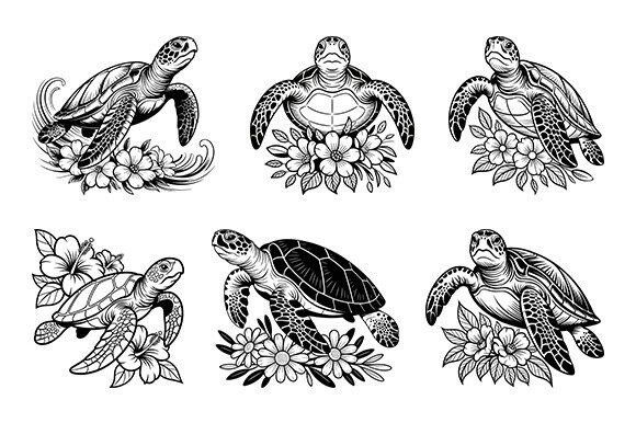 Sea Turtle with Flowers Svg Bundle for Crafts and Graphics