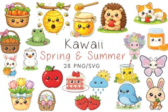 Spring Summer Kawaii Clipart Bundle for Graphics and Illustrations