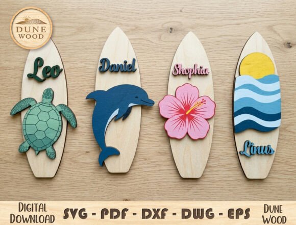 Surfboard Name Sign SVG Bundle for Laser Cutting and Home Decor