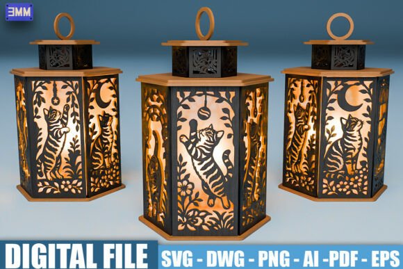 Tabby Cat Lantern SVG for Laser Cutting Stands