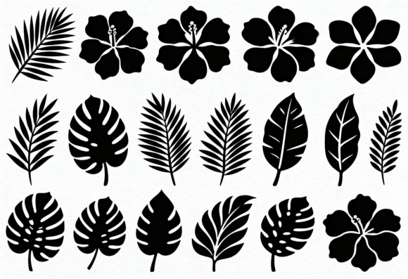 Tropical Leaves and Hibiscus Flowers Graphics for Crafts