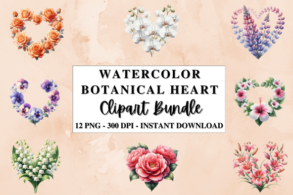 Watercolor Botanical Heart Graphics for Handmade Creations
